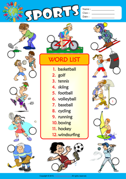 Sports Number the Pictures ESL Vocabulary Worksheet