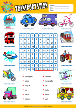 Transportation Word Search Puzzle ESL Vocabulary Worksheet