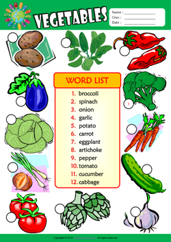 Vegetables Number the Pictures ESL Vocabulary Worksheet