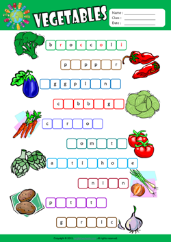 Vegetables Missing Letters in Words ESL Vocabulary Worksheet
