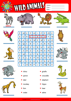 Wild Animals Word Search Puzzle ESL Vocabulary Worksheet