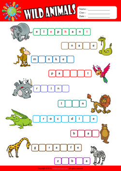 Wild Animals Missing Letters in Words ESL Vocabulary Worksheet