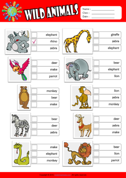 Wild Animals ESL Multiple Choice Worksheet For Kids