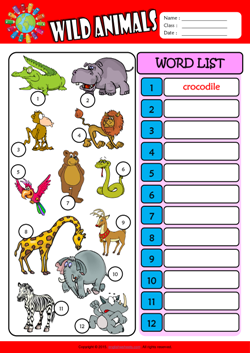 Wild Animals Write the Words ESL Vocabulary Worksheet