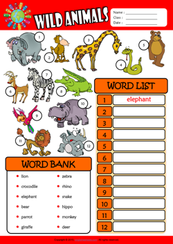 Wild Animals ESL Find and Write the Words Worksheet For Kids