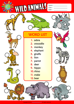 Wild Animals Number the Pictures ESL Vocabulary Worksheet