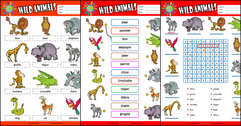 Wild Animals ESL Printable Worksheets For Kids 1