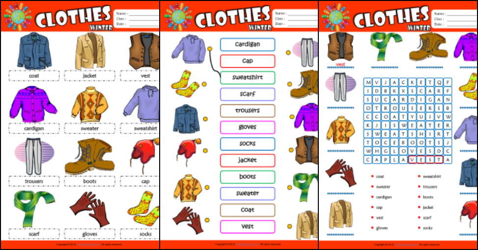 Winter Clothes ESL Printable Worksheets For Kids 1